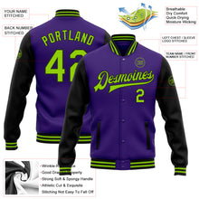 Charger l'image dans la galerie, Custom Purple Neon Green-Black Bomber Full-Snap Varsity Letterman Two Tone Jacket