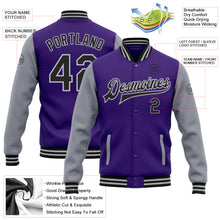 Charger l'image dans la galerie, Custom Purple Black-Gray Bomber Full-Snap Varsity Letterman Two Tone Jacket
