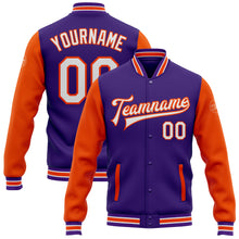 Charger l'image dans la galerie, Custom Purple White-Orange Bomber Full-Snap Varsity Letterman Two Tone Jacket