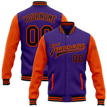 Charger l'image dans la galerie, Custom Purple Black-Orange Bomber Full-Snap Varsity Letterman Two Tone Jacket