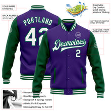 Charger l'image dans la galerie, Custom Purple White-Kelly Green Bomber Full-Snap Varsity Letterman Two Tone Jacket