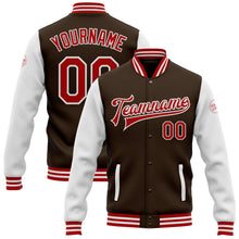 Charger l'image dans la galerie, Custom Brown Red-White Bomber Full-Snap Varsity Letterman Two Tone Jacket