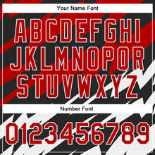 Laden Sie das Bild in den Galerie-Viewer, Custom Red Black-White Lightning 3D Pattern Design Bomber Full-Snap Varsity Letterman Jacket