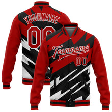 Laden Sie das Bild in den Galerie-Viewer, Custom Red Black-White Lightning 3D Pattern Design Bomber Full-Snap Varsity Letterman Jacket