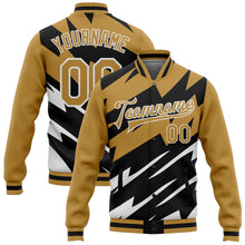 Laden Sie das Bild in den Galerie-Viewer, Custom Old Gold Black-White Lightning 3D Pattern Design Bomber Full-Snap Varsity Letterman Jacket