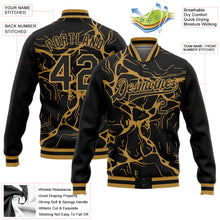 Charger l'image dans la galerie, Custom Black Old Gold Abstract Network 3D Pattern Design Bomber Full-Snap Varsity Letterman Jacket
