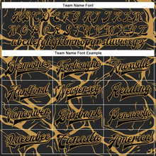 Charger l'image dans la galerie, Custom Black Old Gold Abstract Network 3D Pattern Design Bomber Full-Snap Varsity Letterman Jacket