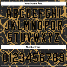 Charger l'image dans la galerie, Custom Black Old Gold Abstract Network 3D Pattern Design Bomber Full-Snap Varsity Letterman Jacket