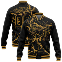 Charger l'image dans la galerie, Custom Black Old Gold Abstract Network 3D Pattern Design Bomber Full-Snap Varsity Letterman Jacket