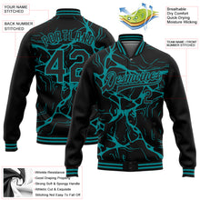 Charger l'image dans la galerie, Custom Black Teal Abstract Network 3D Pattern Design Bomber Full-Snap Varsity Letterman Jacket