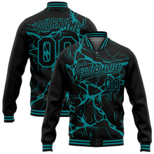Charger l'image dans la galerie, Custom Black Teal Abstract Network 3D Pattern Design Bomber Full-Snap Varsity Letterman Jacket