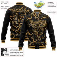 Charger l'image dans la galerie, Custom Black Old Gold Abstract Network And Tiger 3D Pattern Design Bomber Full-Snap Varsity Letterman Jacket