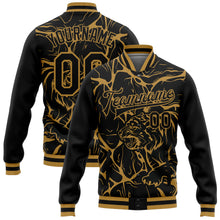 Charger l'image dans la galerie, Custom Black Old Gold Abstract Network And Tiger 3D Pattern Design Bomber Full-Snap Varsity Letterman Jacket