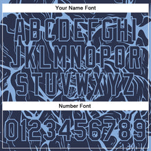 Laden Sie das Bild in den Galerie-Viewer, Custom Navy Light Blue Abstract Network And Tiger 3D Pattern Design Bomber Full-Snap Varsity Letterman Jacket