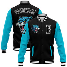 Laden Sie das Bild in den Galerie-Viewer, Custom Black Lakes Blue-White 3D Pattern Design Bomber Full-Snap Varsity Letterman Jacket