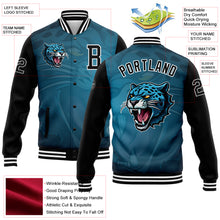 Laden Sie das Bild in den Galerie-Viewer, Custom Teal Black-White 3D Pattern Design Bomber Full-Snap Varsity Letterman Jacket