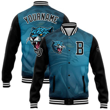 Laden Sie das Bild in den Galerie-Viewer, Custom Teal Black-White 3D Pattern Design Bomber Full-Snap Varsity Letterman Jacket