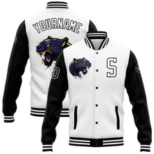 Laden Sie das Bild in den Galerie-Viewer, Custom White Black 3D Pattern Design Bomber Full-Snap Varsity Letterman Jacket
