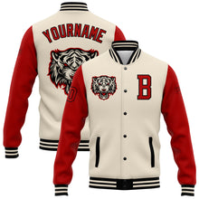 Laden Sie das Bild in den Galerie-Viewer, Custom Cream Red-Black 3D Pattern Design Bomber Full-Snap Varsity Letterman Jacket