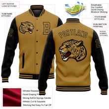 Laden Sie das Bild in den Galerie-Viewer, Custom Old Gold Black 3D Pattern Design Bomber Full-Snap Varsity Letterman Jacket