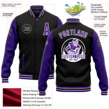 Laden Sie das Bild in den Galerie-Viewer, Custom Black Purple-White Bomber Full-Snap Varsity Letterman Two Tone Jacket