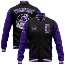 Laden Sie das Bild in den Galerie-Viewer, Custom Black Purple-White Bomber Full-Snap Varsity Letterman Two Tone Jacket
