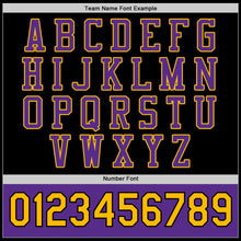 Laden Sie das Bild in den Galerie-Viewer, Custom Black Purple-Gold Bomber Full-Snap Varsity Letterman Two Tone Jacket