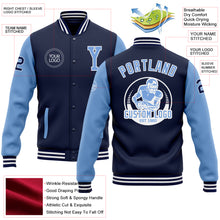 Загрузить изображение в средство просмотра галереи, Custom Navy Light Blue-White Bomber Full-Snap Varsity Letterman Two Tone Jacket