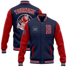 Загрузить изображение в средство просмотра галереи, Custom Navy Red-White Bomber Full-Snap Varsity Letterman Two Tone Jacket