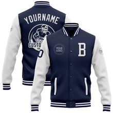 Загрузить изображение в средство просмотра галереи, Custom Navy White Bomber Full-Snap Varsity Letterman Two Tone Jacket