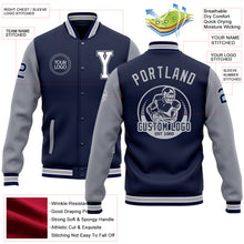 Загрузить изображение в средство просмотра галереи, Custom Navy White-Gray Bomber Full-Snap Varsity Letterman Two Tone Jacket