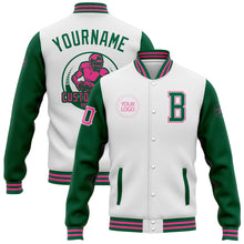 Load image into Gallery viewer, Custom White Kelly Green-Pink Bomber Full-Snap Varsity Letterman Two Tone Jacket