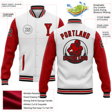Laden Sie das Bild in den Galerie-Viewer, Custom White Red-Black Bomber Full-Snap Varsity Letterman Two Tone Jacket