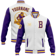 Load image into Gallery viewer, Custom White Purple-Gold Bomber Full-Snap Varsity Letterman Two Tone Jacket