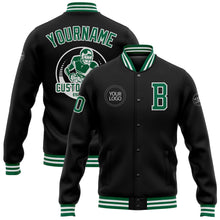 Load image into Gallery viewer, Custom Black Kelly Green-White Bomber Full-Snap Varsity Letterman Jacket