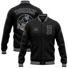 Load image into Gallery viewer, Custom Black Gray Bomber Full-Snap Varsity Letterman Jacket