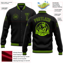 Load image into Gallery viewer, Custom Black Neon Green Bomber Full-Snap Varsity Letterman Jacket
