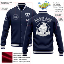 Загрузить изображение в средство просмотра галереи, Custom Navy White-Gray Bomber Full-Snap Varsity Letterman Jacket