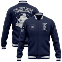 Загрузить изображение в средство просмотра галереи, Custom Navy White-Gray Bomber Full-Snap Varsity Letterman Jacket