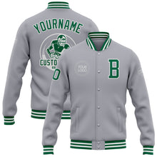 Load image into Gallery viewer, Custom Gray Kelly Green-White Bomber Full-Snap Varsity Letterman Jacket