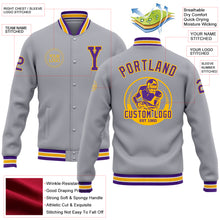 Load image into Gallery viewer, Custom Gray Purple-Gold Bomber Full-Snap Varsity Letterman Jacket
