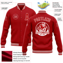 Laden Sie das Bild in den Galerie-Viewer, Custom Red White Bomber Full-Snap Varsity Letterman Jacket