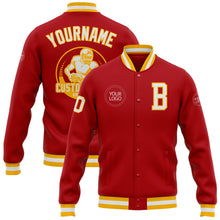 Load image into Gallery viewer, Custom Red White-Gold Bomber Full-Snap Varsity Letterman Jacket