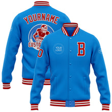 Load image into Gallery viewer, Custom Electric Blue Red-White Bomber Full-Snap Varsity Letterman Jacket
