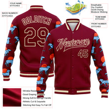 Laden Sie das Bild in den Galerie-Viewer, Custom Maroon Cream Wolves Hauling Jumping And Running 3D Pattern Design Bomber Full-Snap Varsity Letterman Jacket