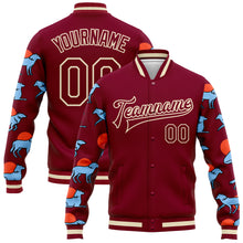 Laden Sie das Bild in den Galerie-Viewer, Custom Maroon Cream Wolves Hauling Jumping And Running 3D Pattern Design Bomber Full-Snap Varsity Letterman Jacket