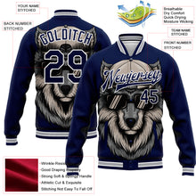 Загрузить изображение в средство просмотра галереи, Custom Navy White-Gray Wolf 3D Pattern Design Bomber Full-Snap Varsity Letterman Jacket