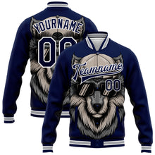Загрузить изображение в средство просмотра галереи, Custom Navy White-Gray Wolf 3D Pattern Design Bomber Full-Snap Varsity Letterman Jacket