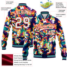 Загрузить изображение в средство просмотра галереи, Custom Navy White-Orange Colorful Wolf 3D Pattern Design Bomber Full-Snap Varsity Letterman Jacket