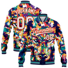 Загрузить изображение в средство просмотра галереи, Custom Navy White-Orange Colorful Wolf 3D Pattern Design Bomber Full-Snap Varsity Letterman Jacket